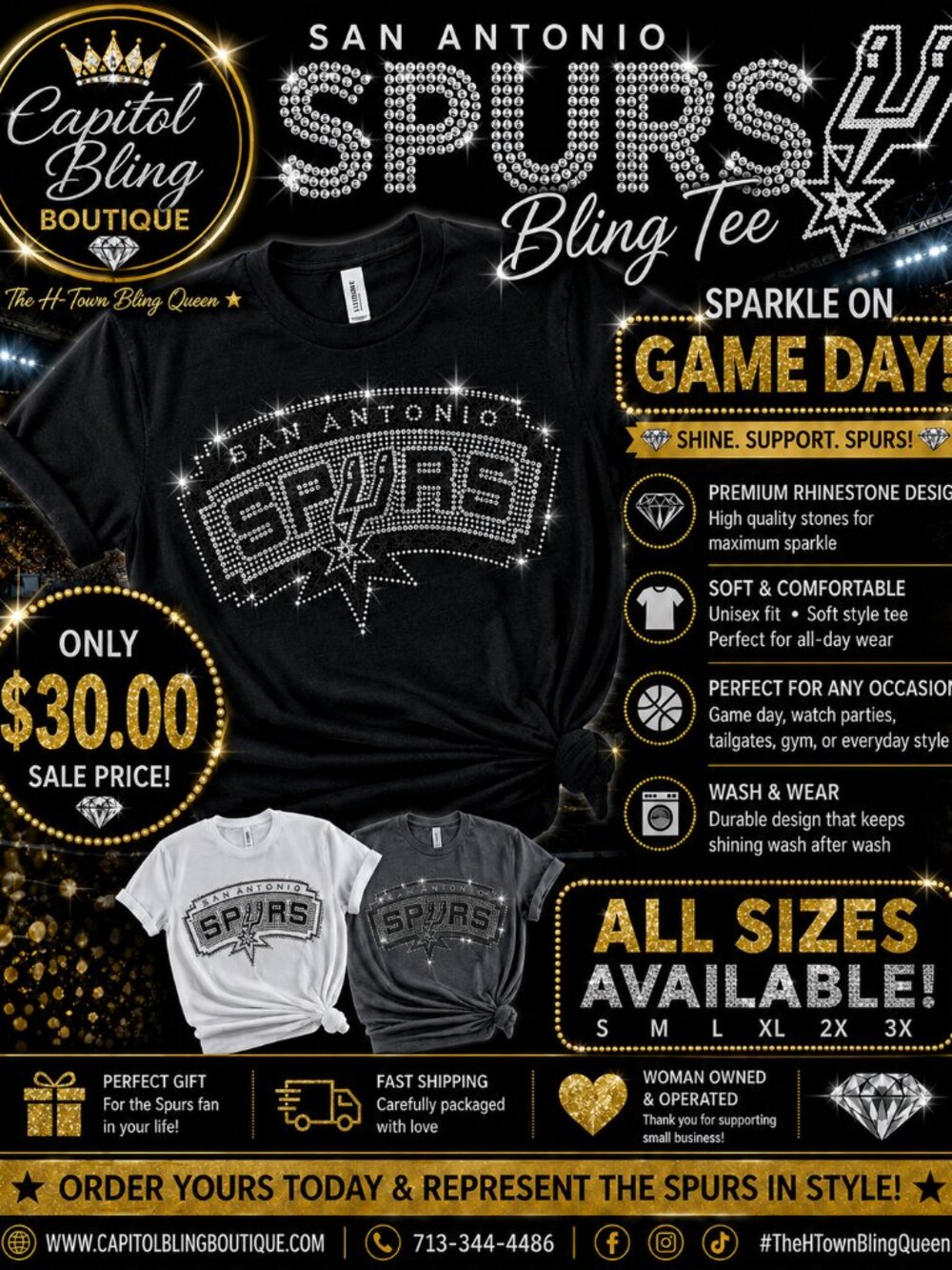 San Antonio Rhinestone Bling Tee | Crystal Game Day Shirt | Women's Boutiq